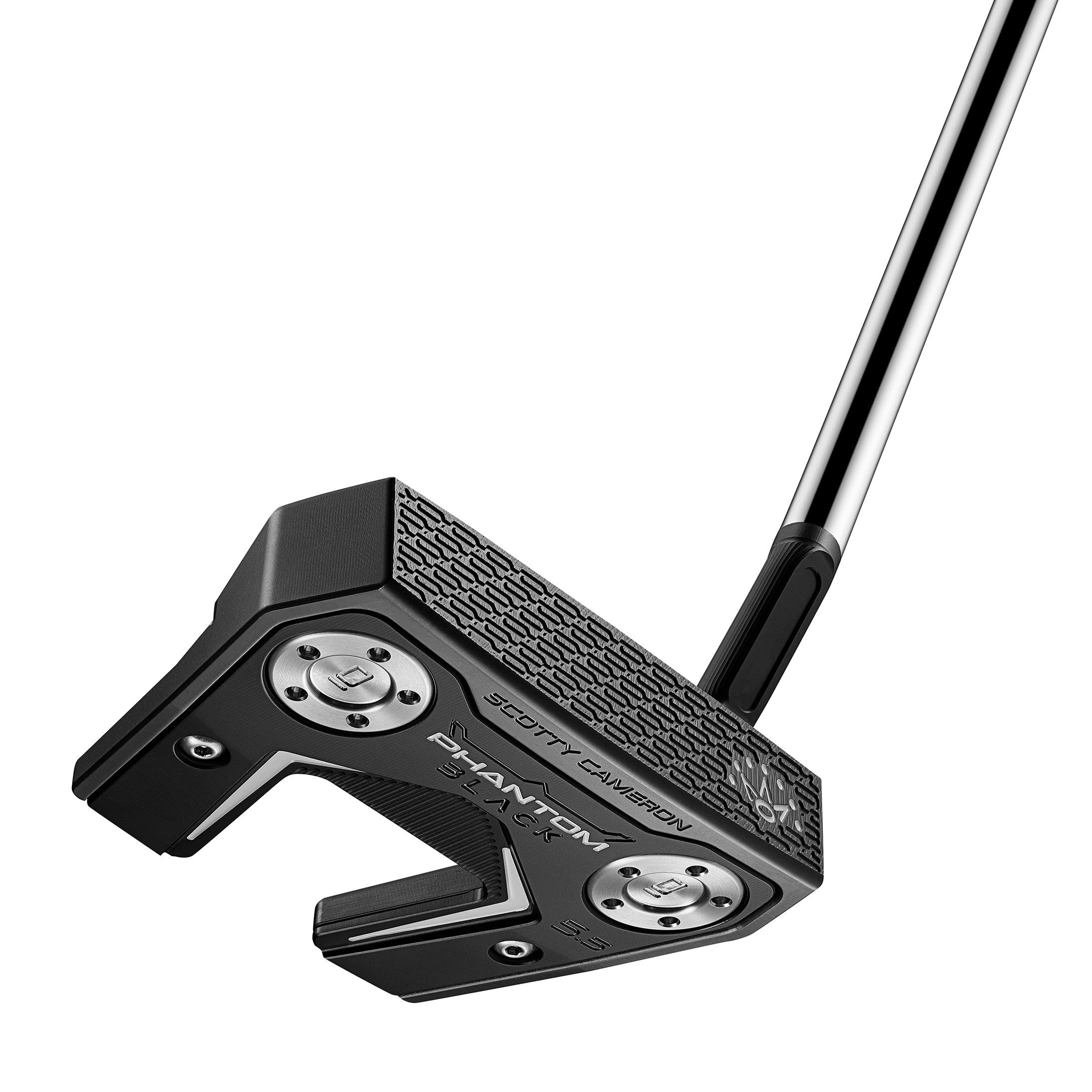 Golf putter with a black head and silver accents on a white background