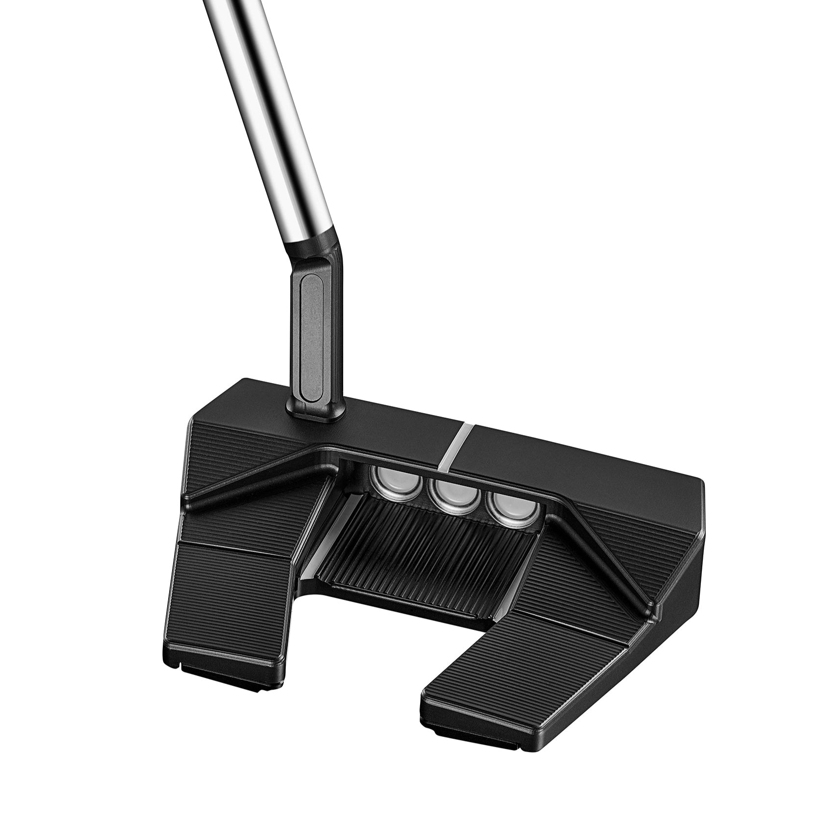 Golf putter with a black head and silver shaft on a white background