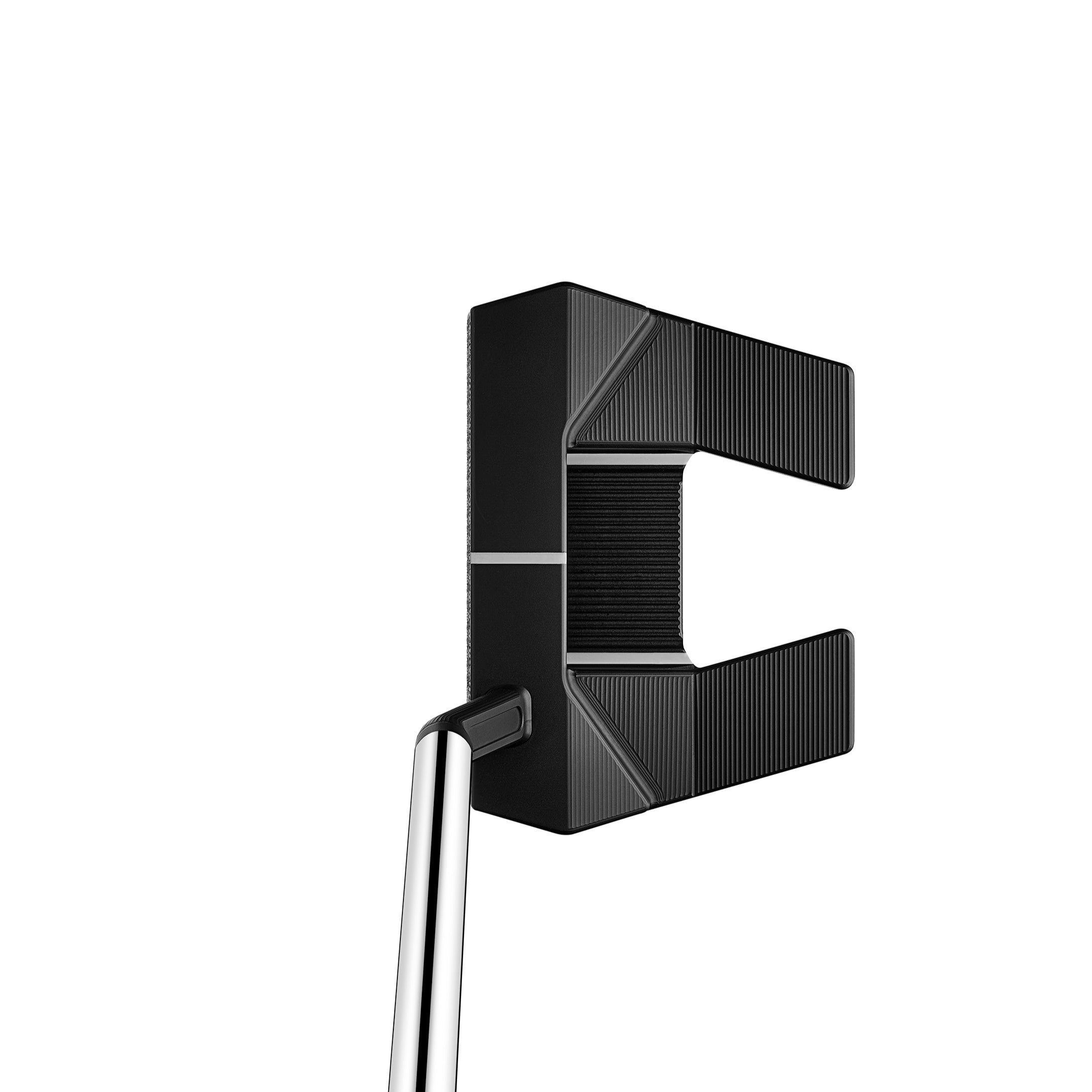 Golf putter with a black head and silver shaft on a white background