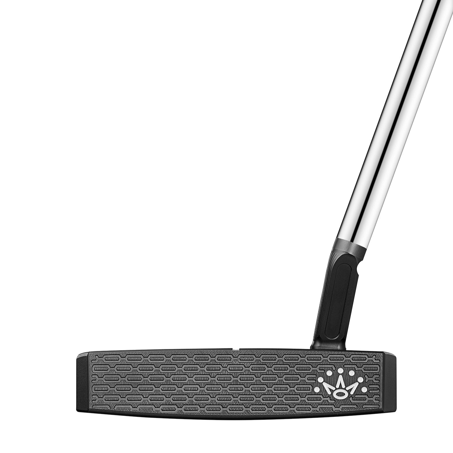 Golf putter with black head and silver shaft on a white background