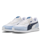 White and light blue sneakers with a brand logo on a white background