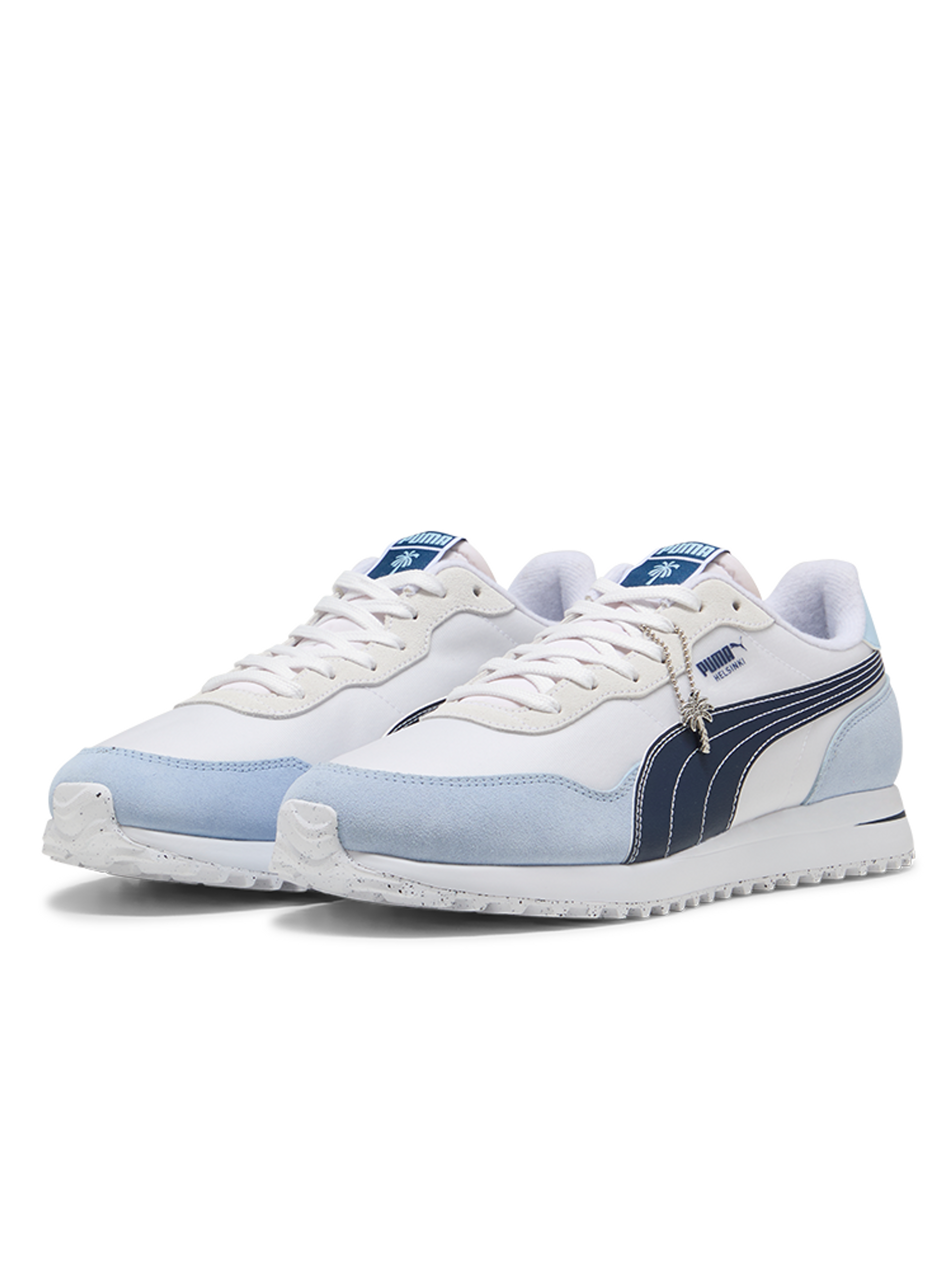 White and light blue sneakers with a brand logo on a white background