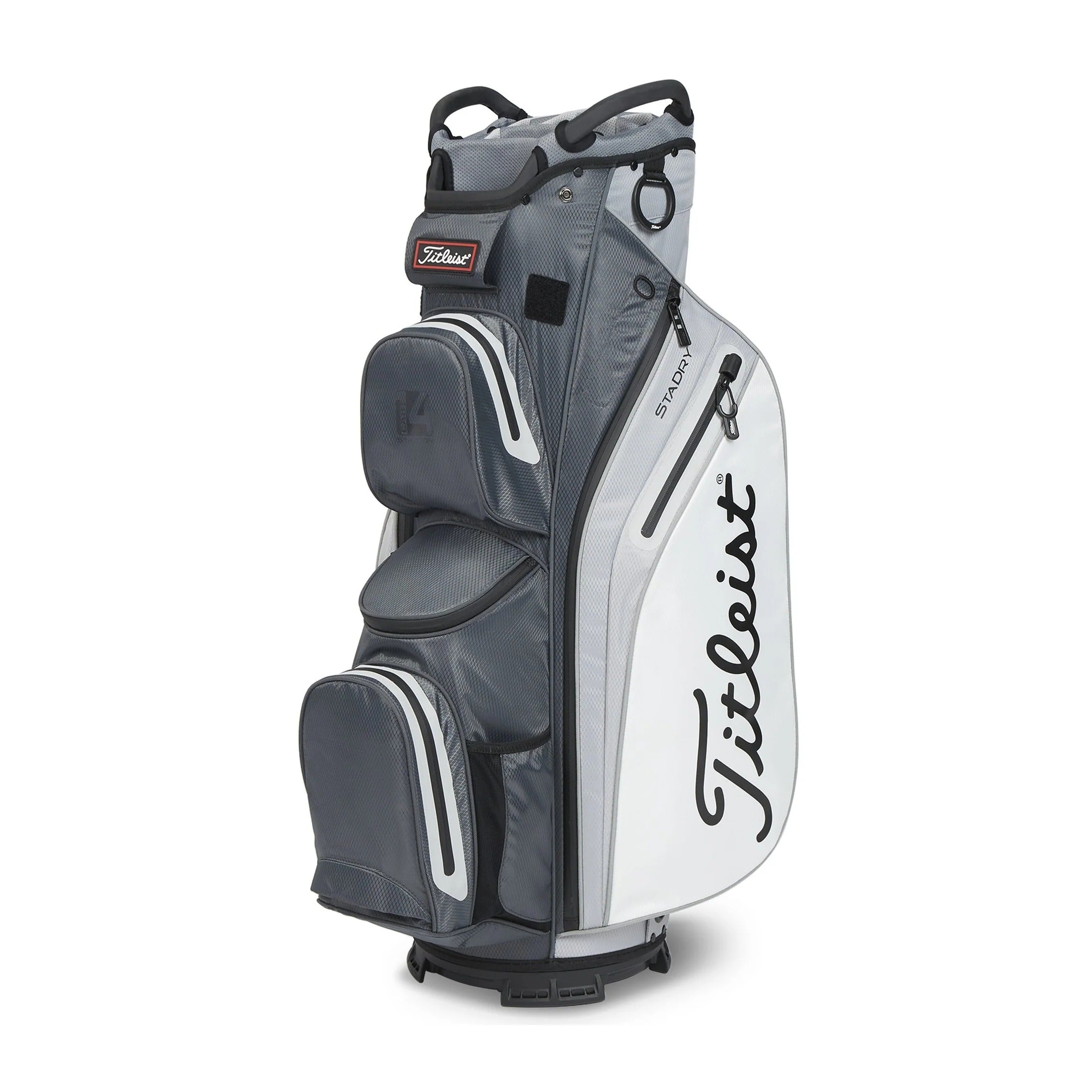 Gray and white golf bag with Titleist logo on a white background