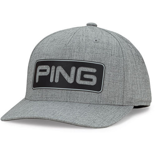A heather grey PING Tour Classic cap with an adjustable snapback closure, featuring a moisture-wicking SensorCool headband and double-layer heat transfer.