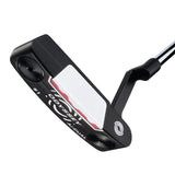Golf putter with a white face and black shaft on a white background