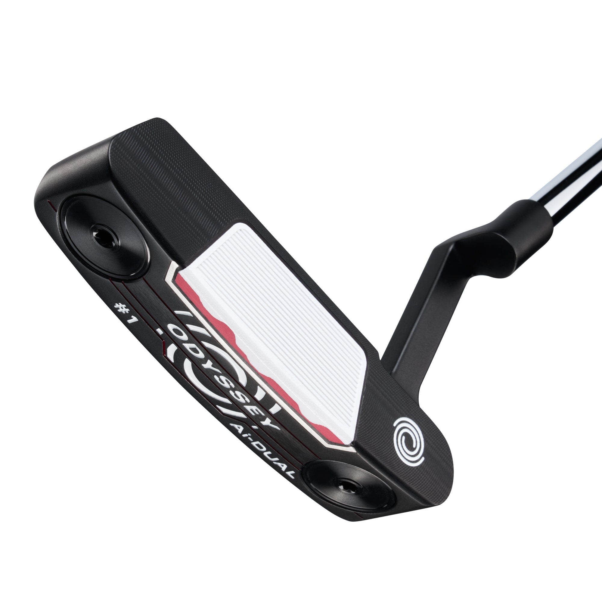 Golf putter with a white face and black shaft on a white background