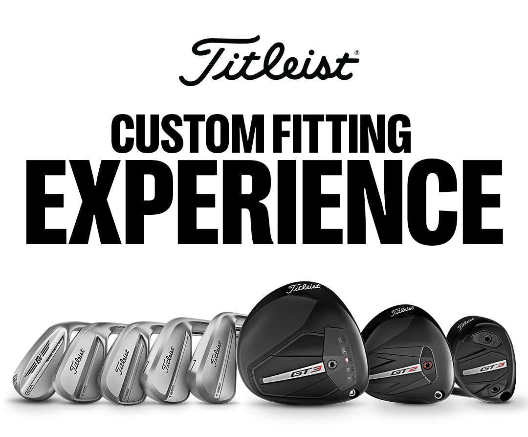Titleist golf club set with promotional text for custom fitting experience on a white background