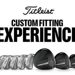 Titleist golf club set with promotional text for custom fitting experience on a white background