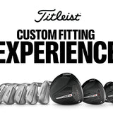 Titleist golf club set with promotional text for custom fitting experience on a white background
