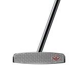 Golf putter with a textured face and red design on a white background