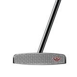 Golf putter with a textured face and red design on a white background