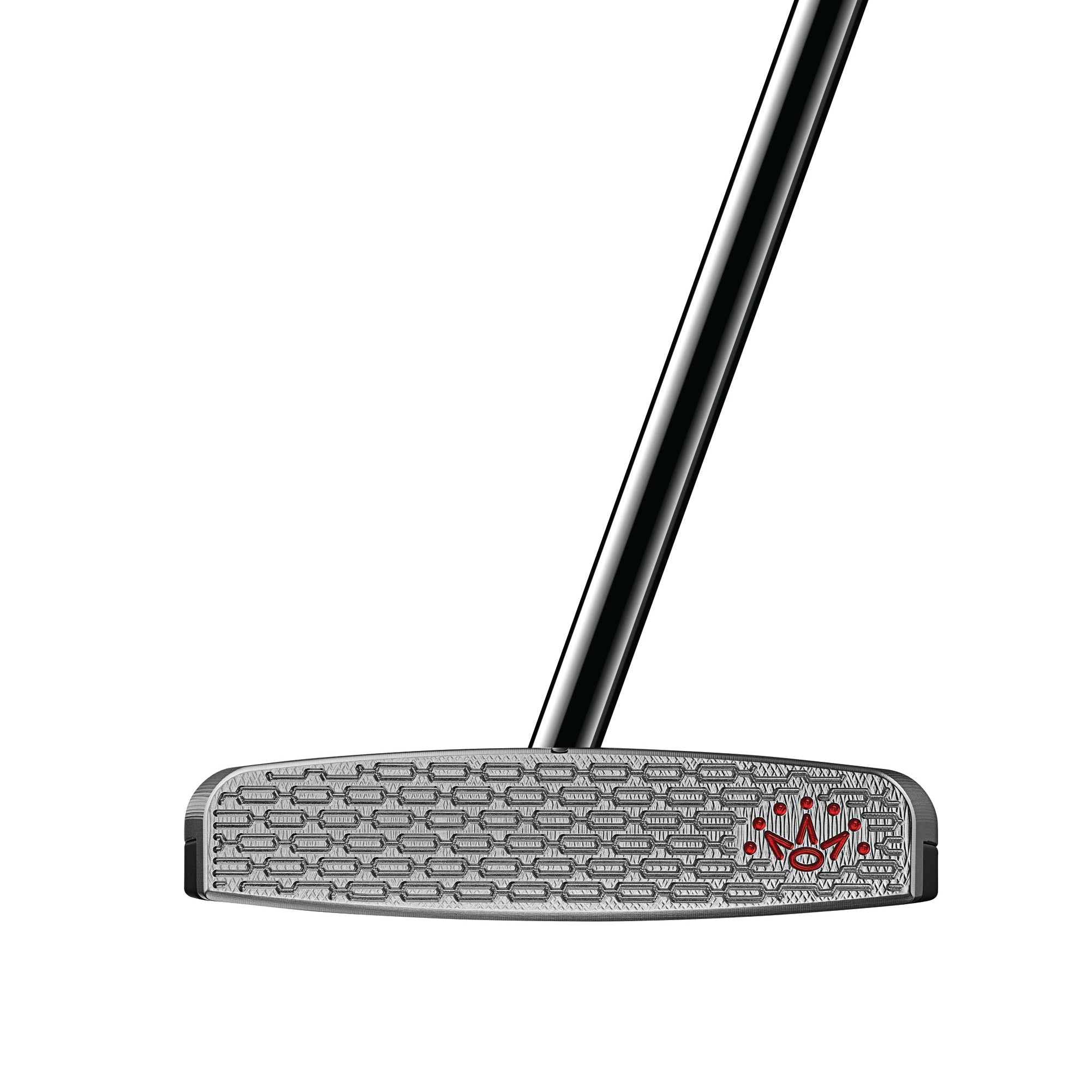 Golf putter with a textured face and red design on a white background