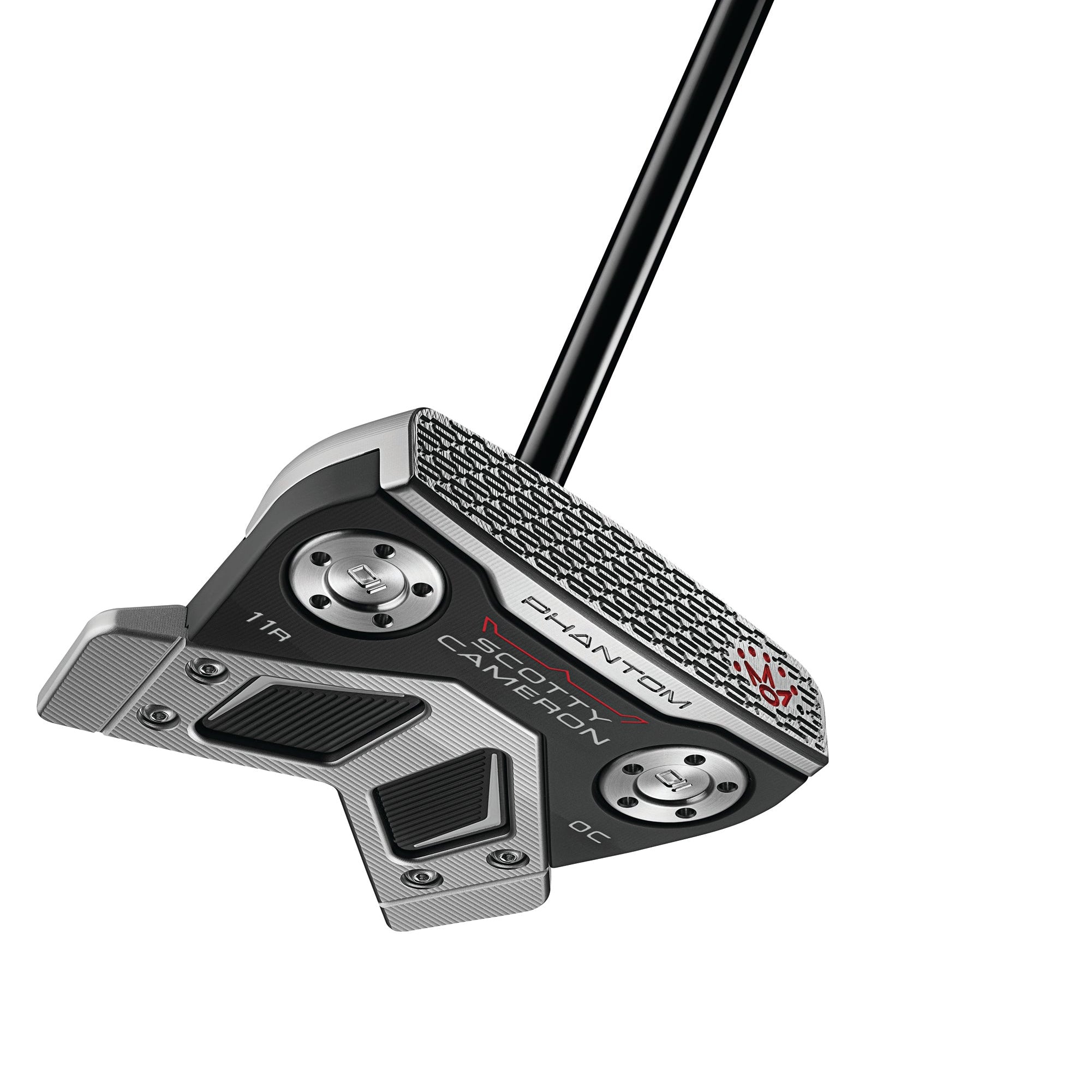 Golf putter with a black shaft on a white background