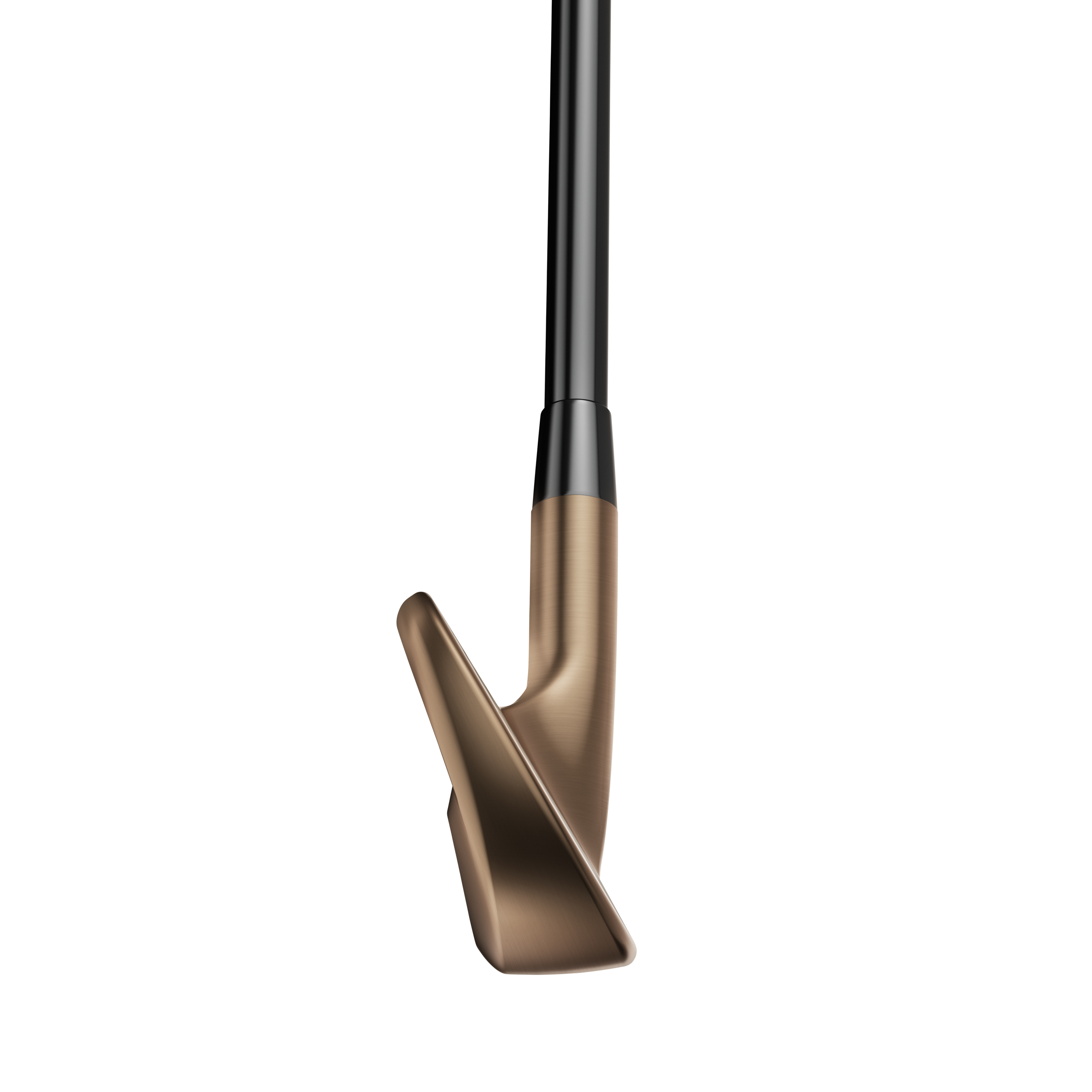 Golf club head with bronze and black design on a white background