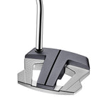 Golf putter with a metallic head and shaft on a white background