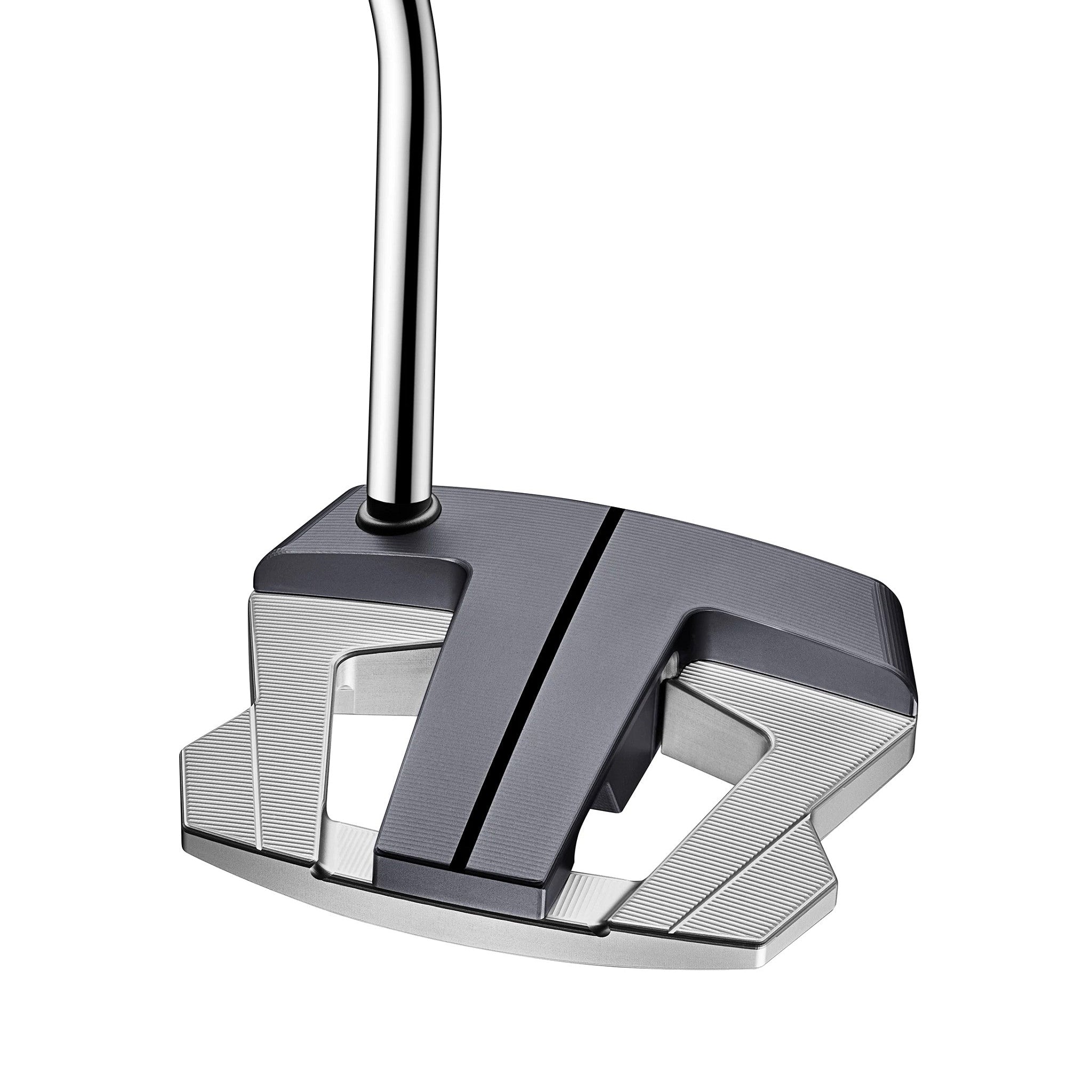 Golf putter with a metallic head and shaft on a white background