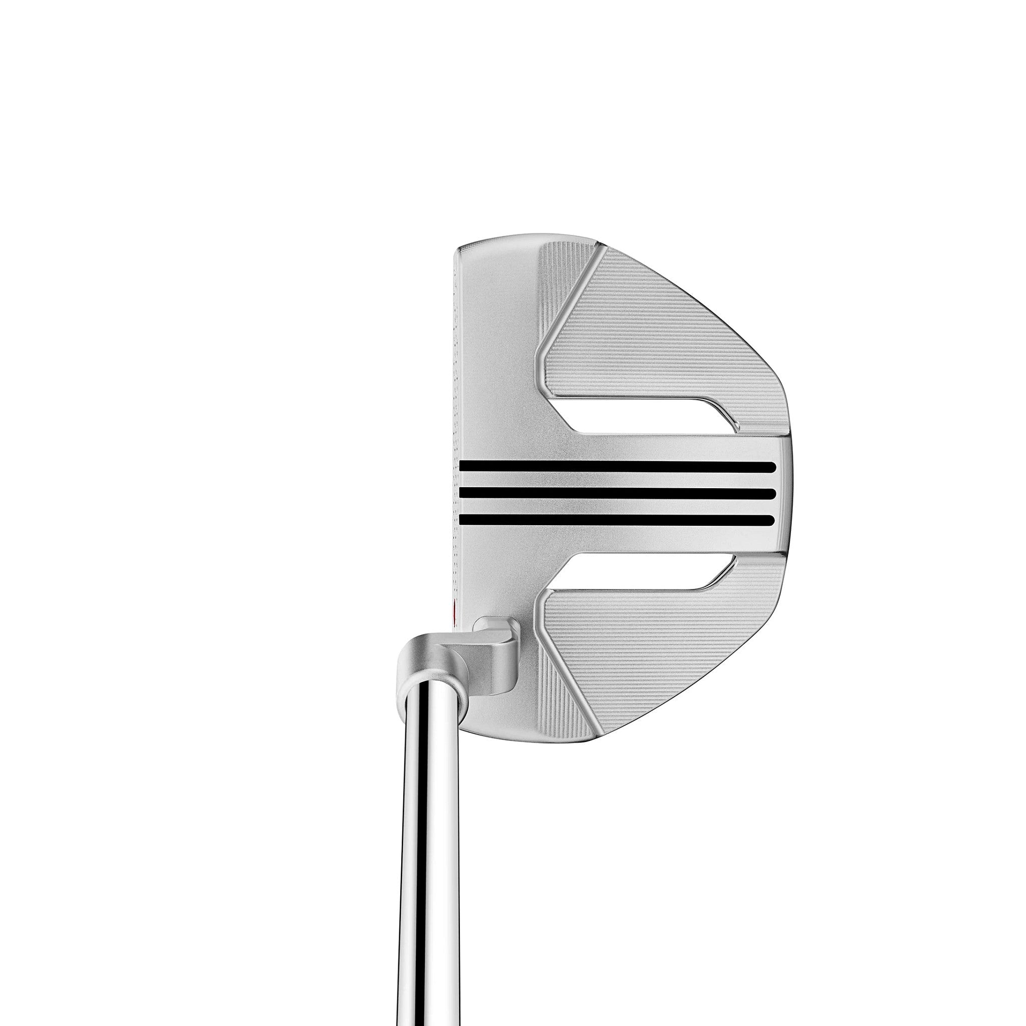 Golf club head with three black stripes on a white background
