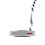 Golf putter with a white face and red center on a white background