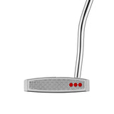 Golf putter with a white face and red center on a white background