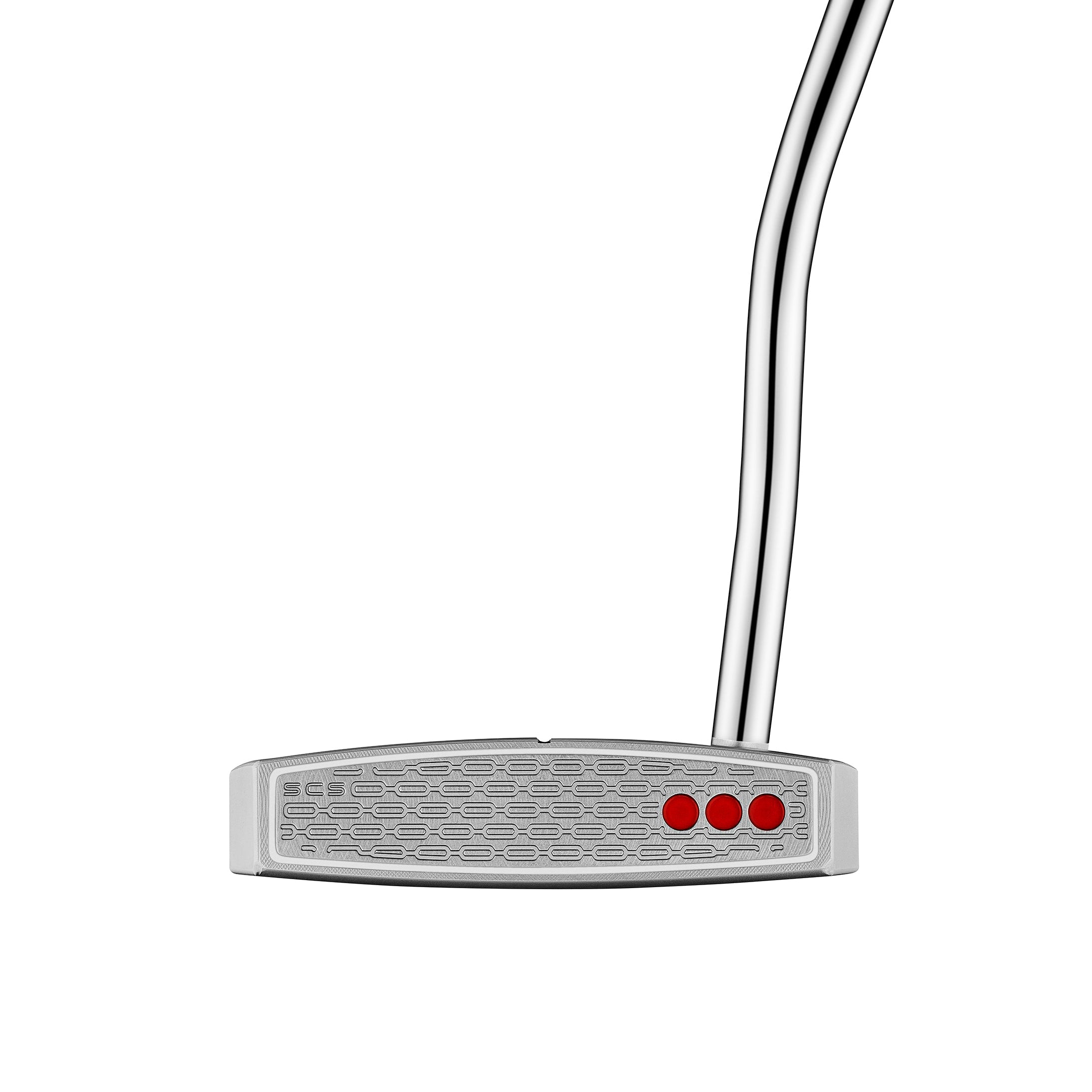 Golf putter with a white face and red center on a white background