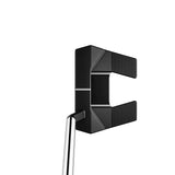 Golf putter with a black head and silver shaft on a white background