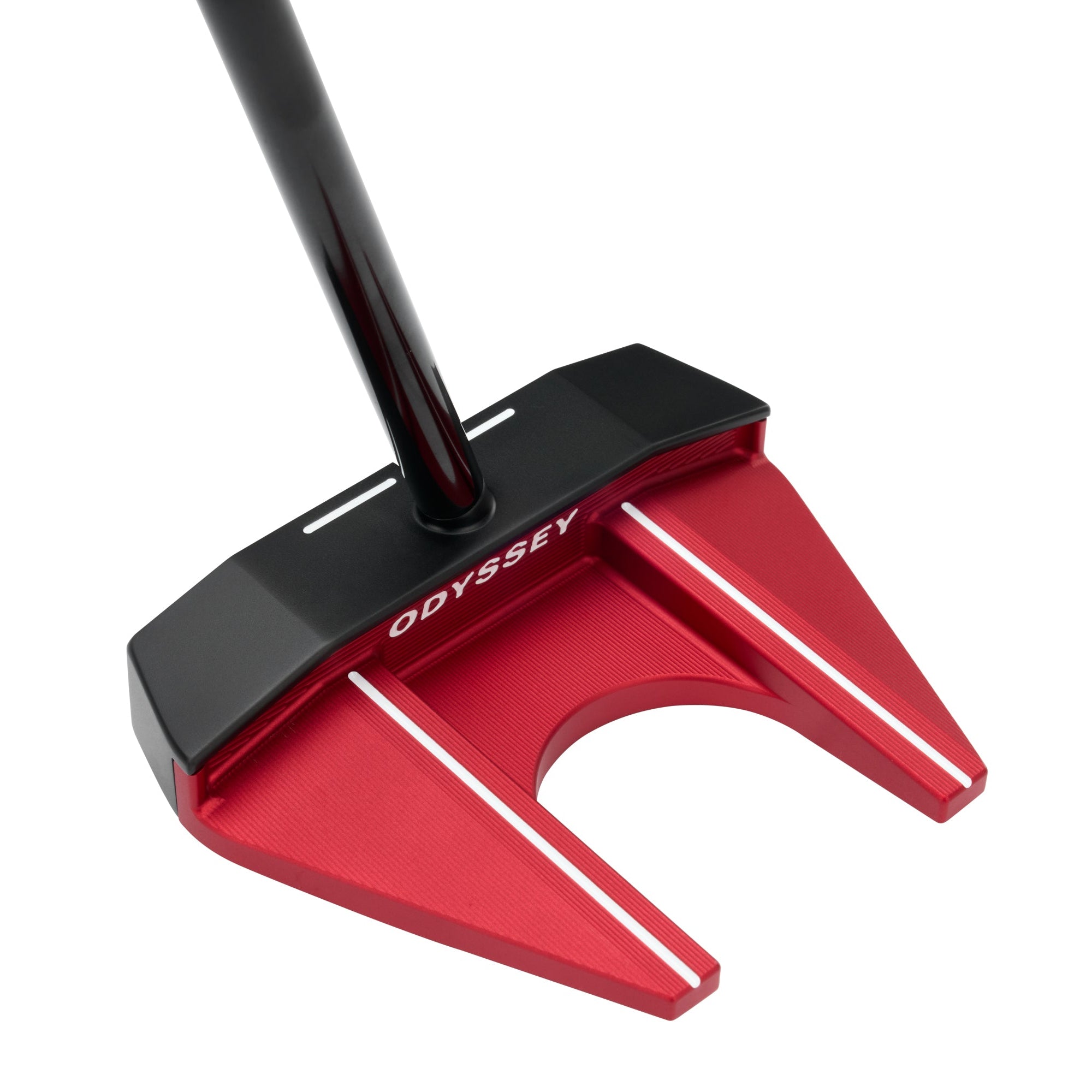 Red and black Odyssey golf putter on a white background