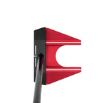 Red and black putter head on a white background