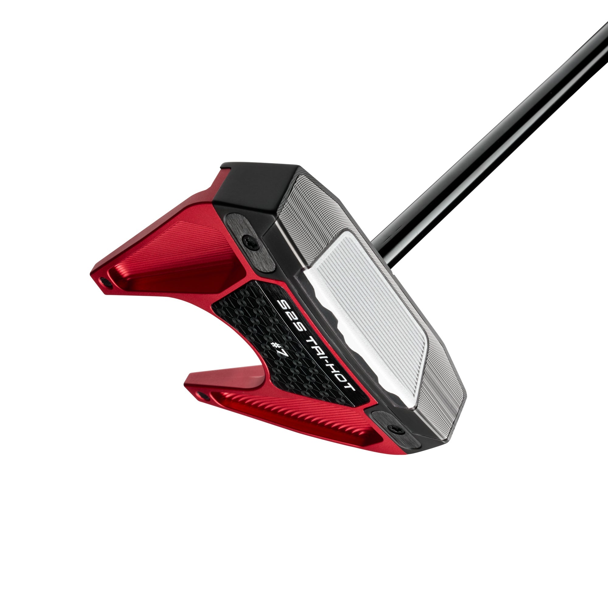 Red and black golf putter on a white background
