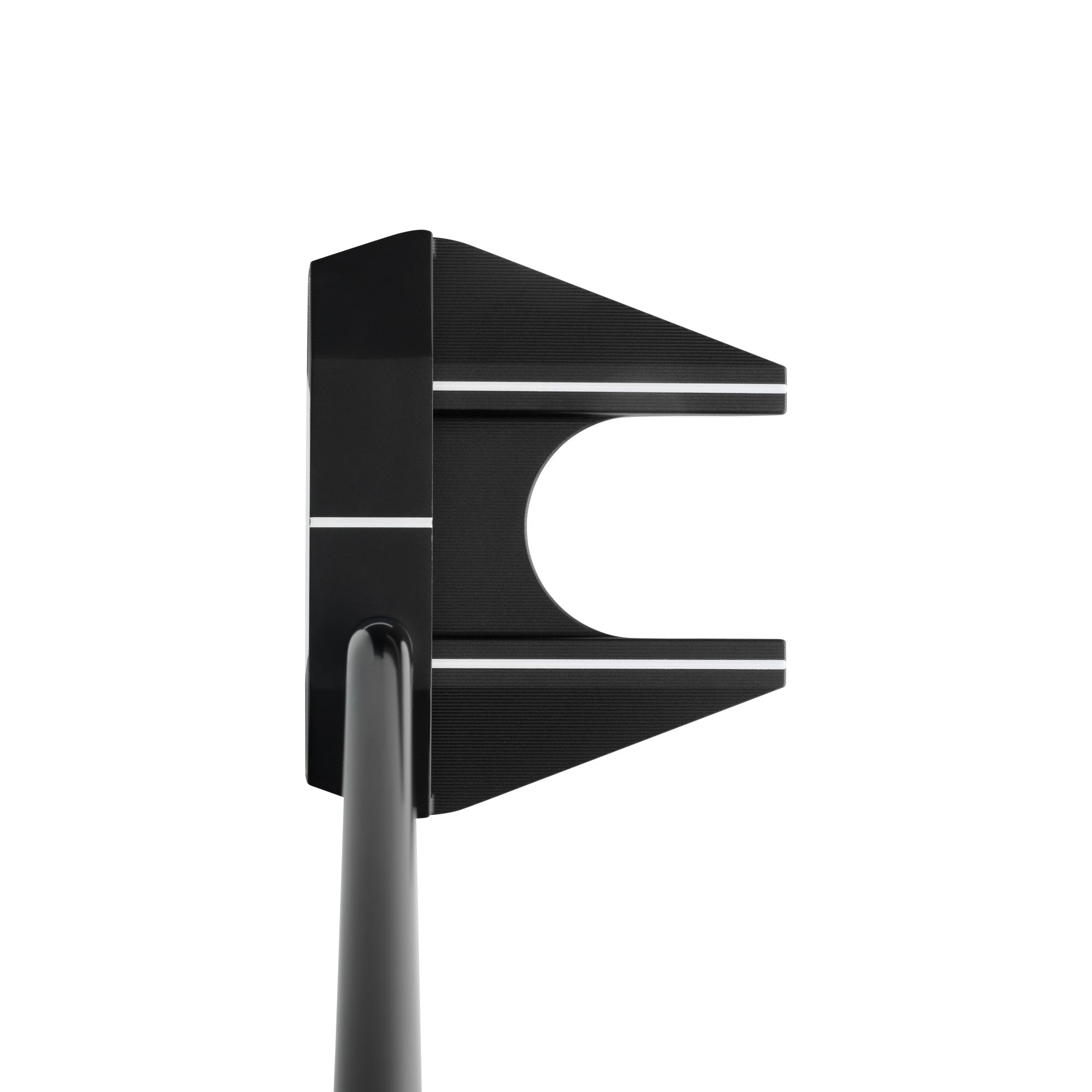 Black golf putter head on a white background