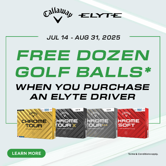 Promotional graphic for Callaway Elyte golf driver offer with free dozen golf balls.