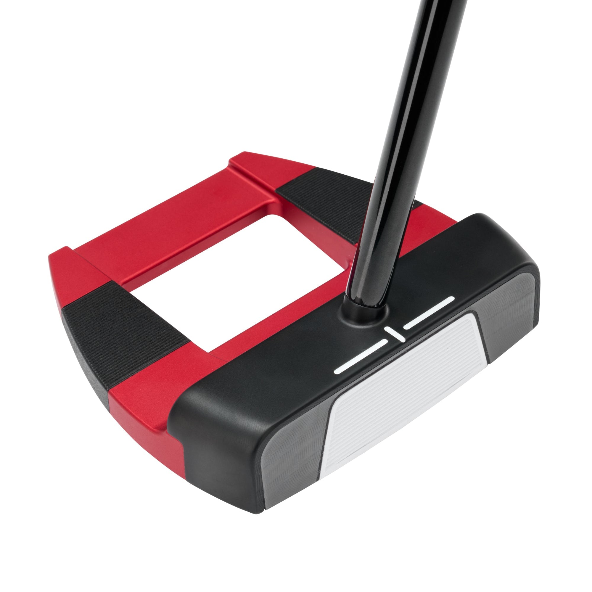 Golf putter with red, black, and white design on a white background