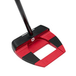Red and black golf putter on a white background