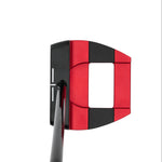 Red and black golf putter head on a white background