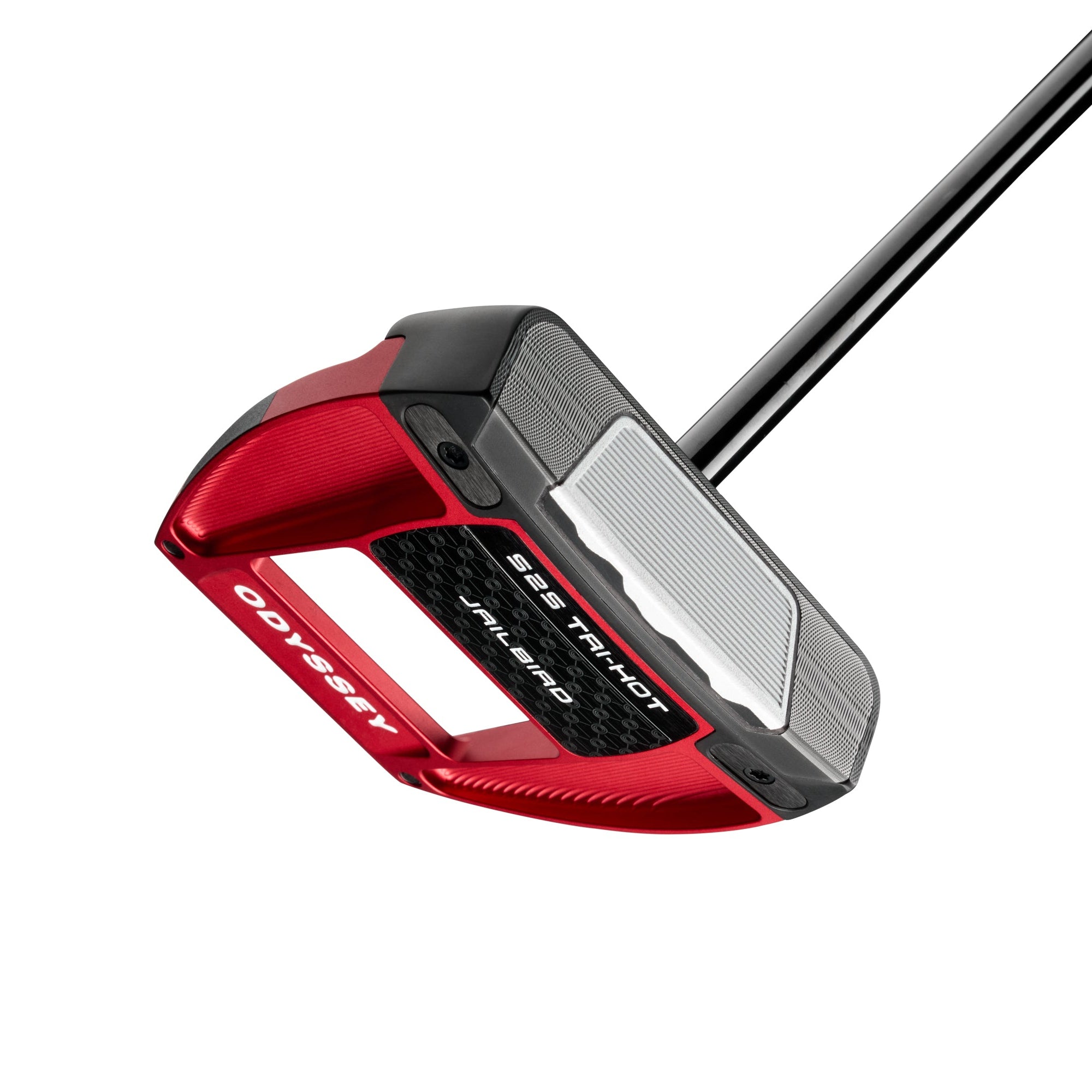Red and black golf putter on a white background