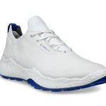 A white ECCO Biom H5 golf shoe with blue accents, featuring a lace-up closure and a modern design with a textured sole.