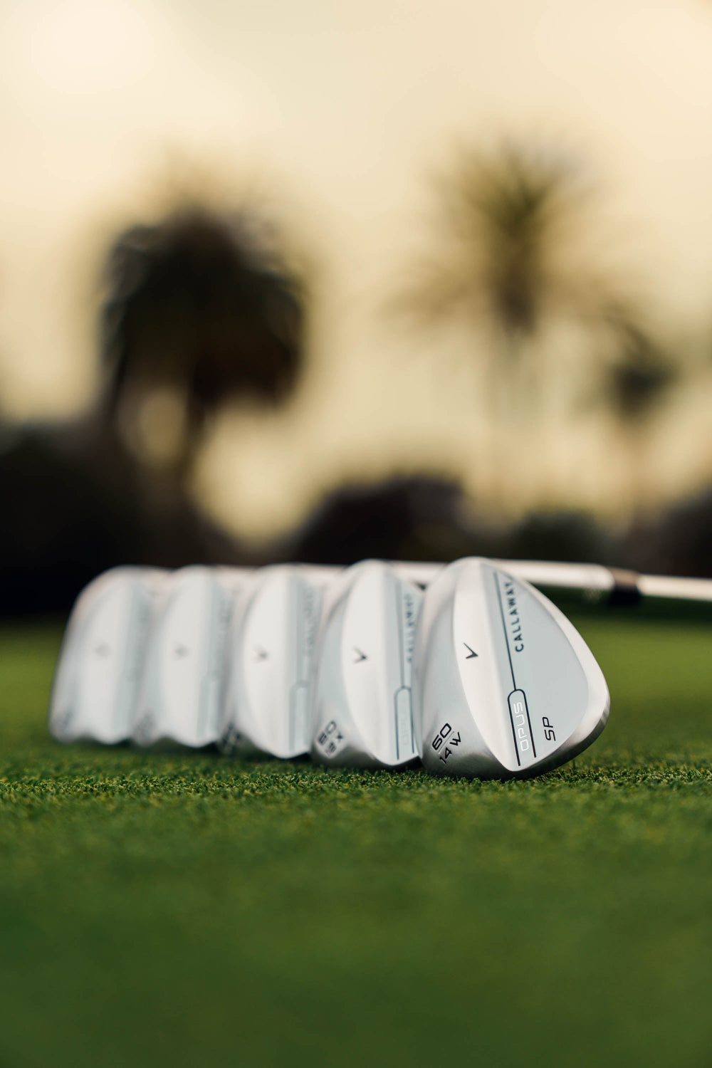 Close-up of golf club heads on a grassy surface with a blurred background