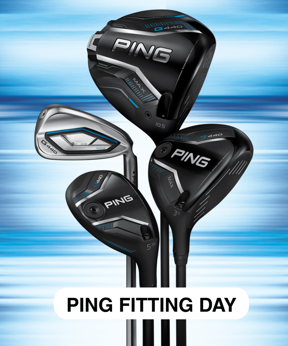 Set of PING golf clubs on a blue gradient background with 'PING FITTING DAY' text.