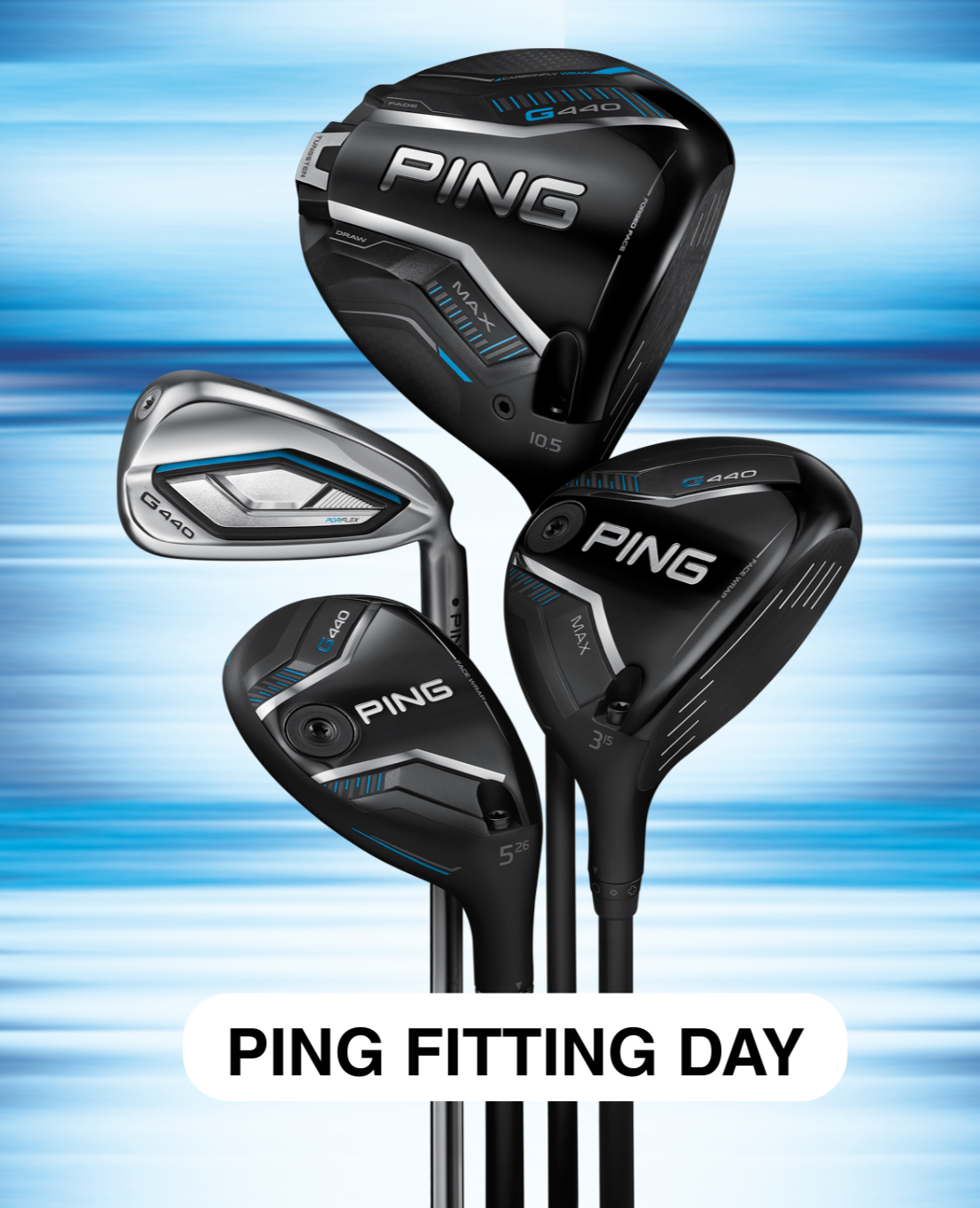 Set of PING golf clubs on a blue gradient background with 'PING FITTING DAY' text.