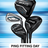 Set of PING golf clubs on a blue gradient background with 'PING FITTING DAY' text.