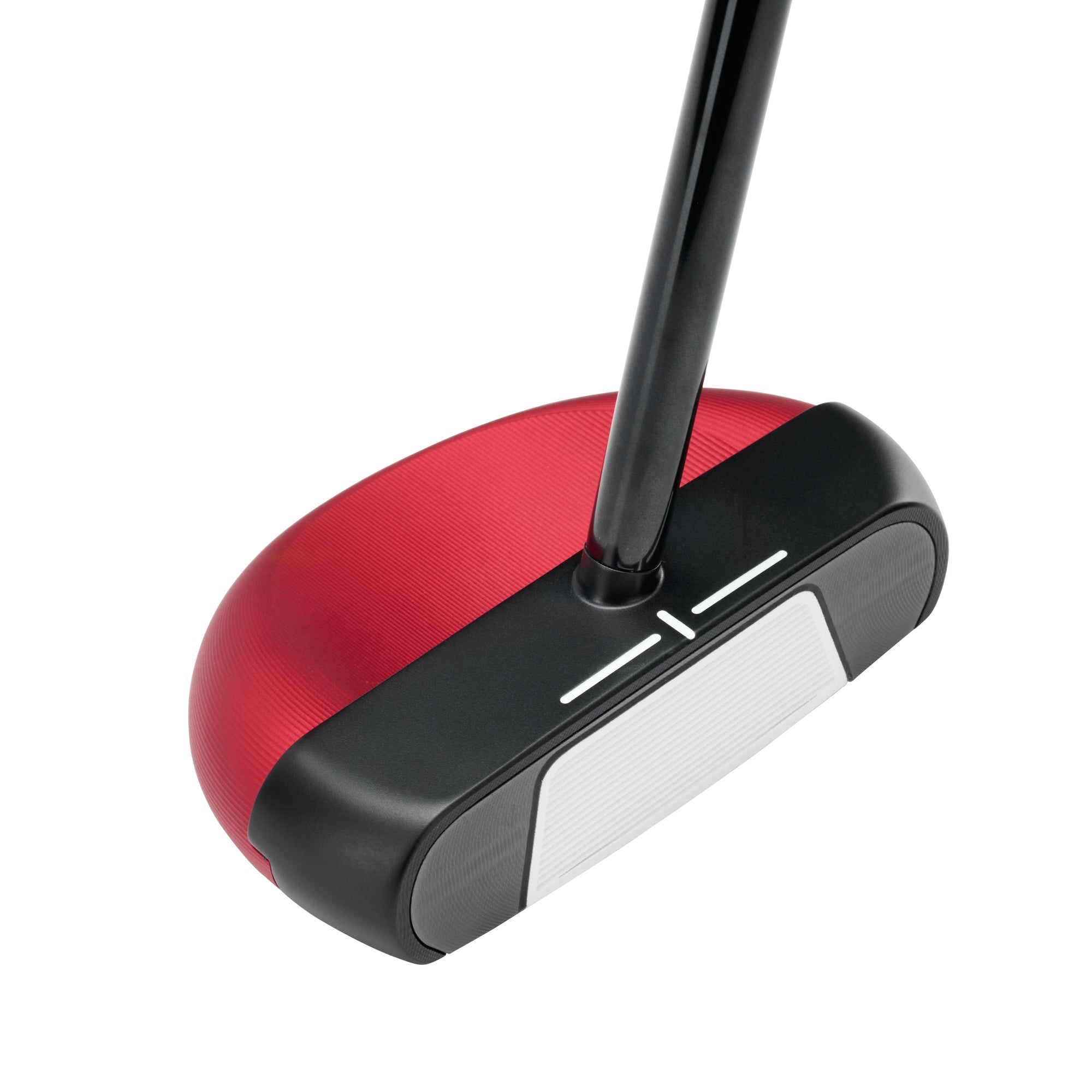 Golf putter with red head and black and white shaft on a white background