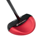 Red golf putter with black Odyssey logo on a white background