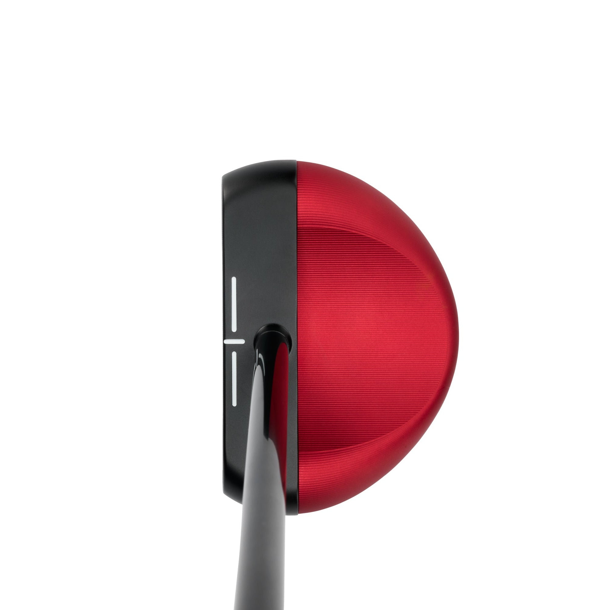 Close-up of a red golf putter head on a white background