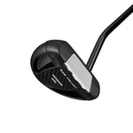 Golf putter with black head and white face on a white background