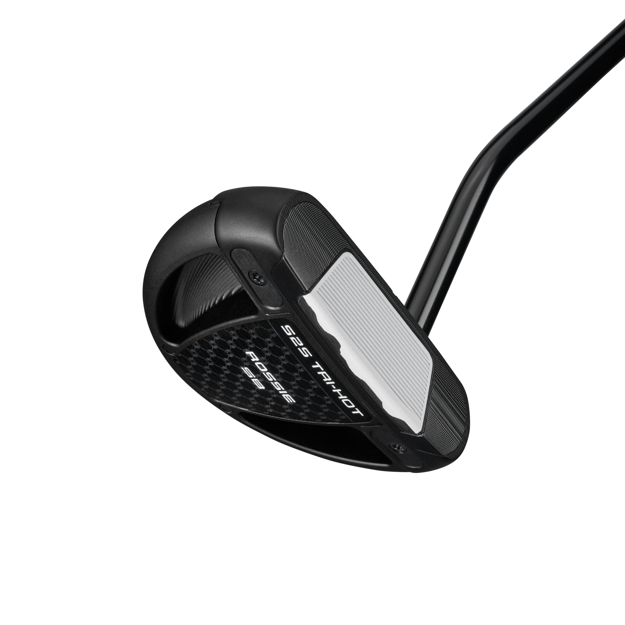 Golf putter with black head and white face on a white background