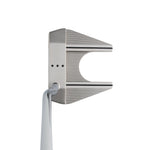 Metallic golf putter head on a white background