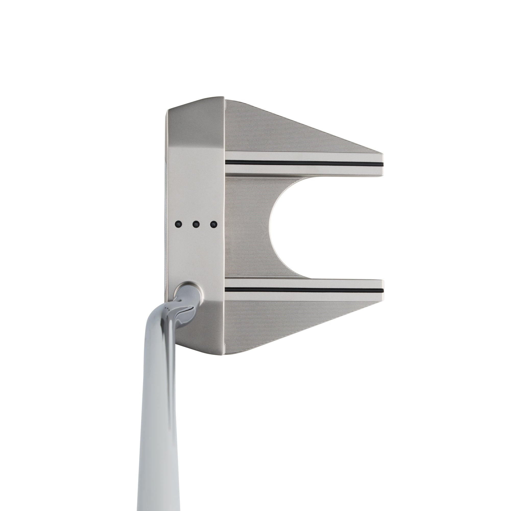 Metallic golf putter head on a white background