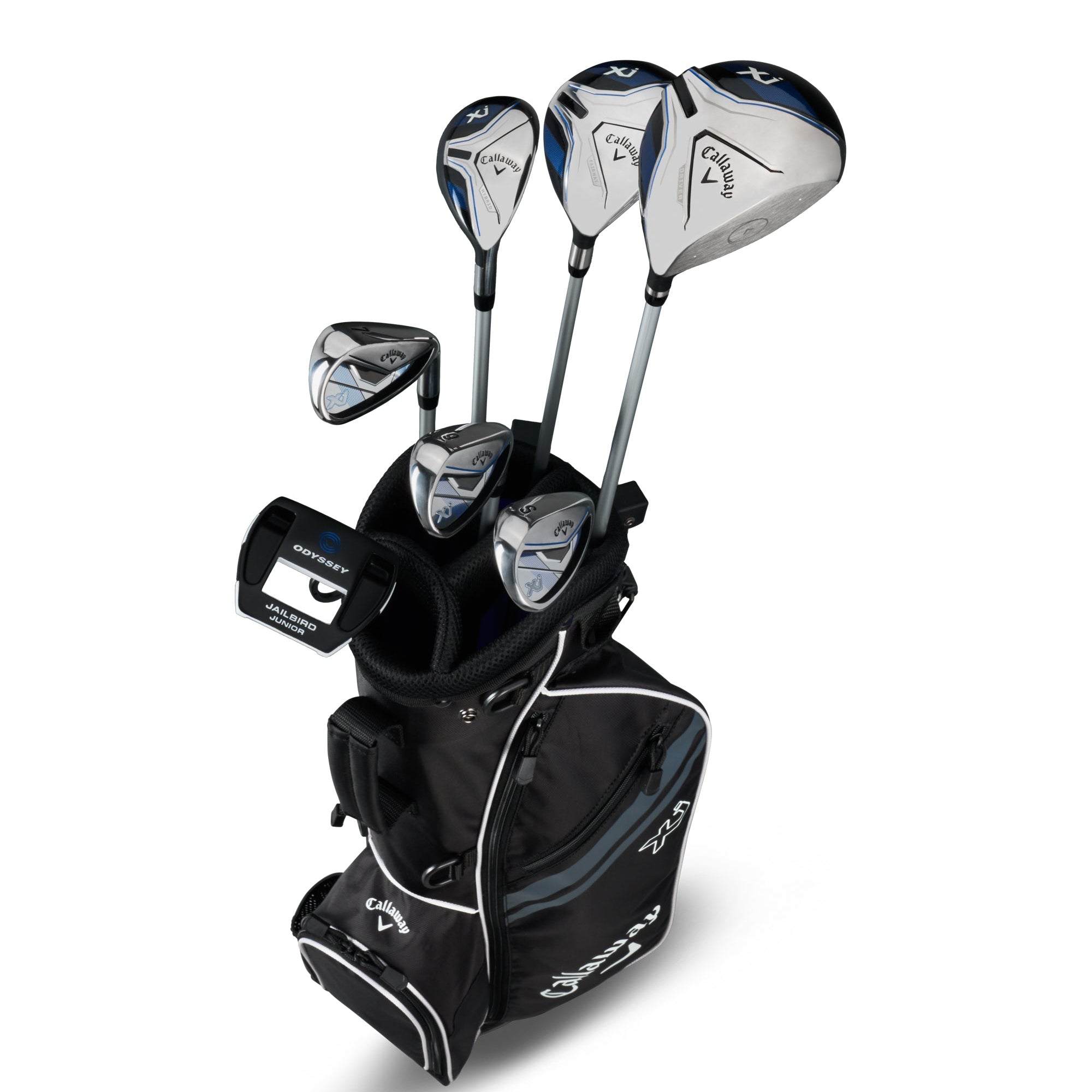 Golf club set with driver, fairway wood, and putter in a black bag on a white background