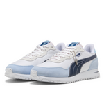 White and light blue sneakers with a brand logo on a white background