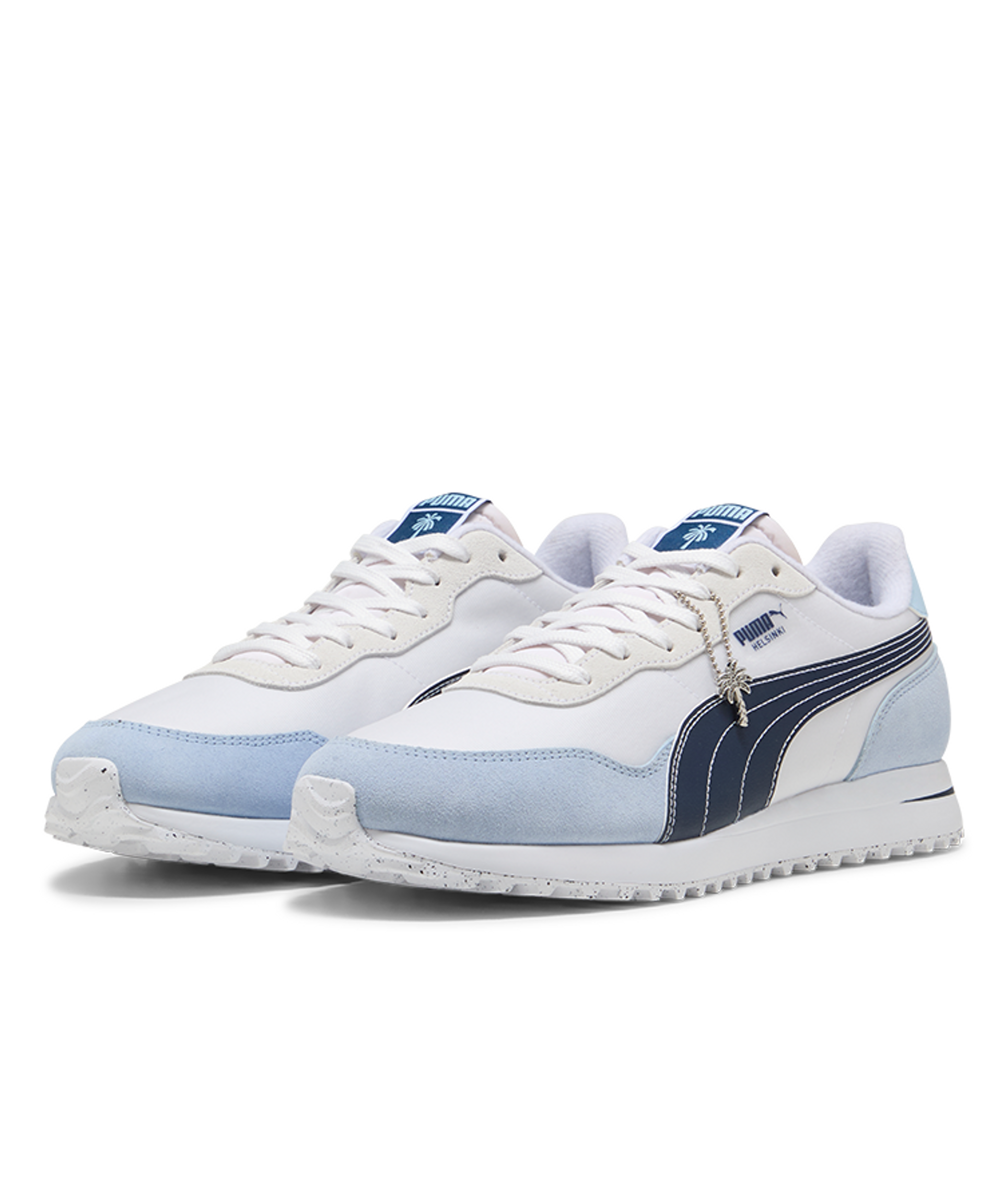 White and light blue sneakers with a brand logo on a white background