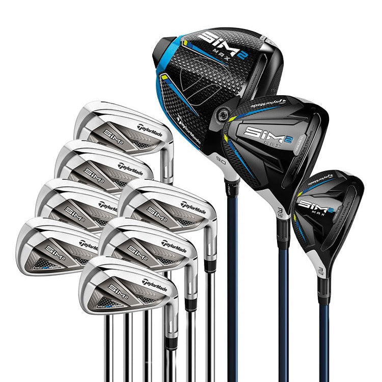 Set of golf clubs including driver, fairway wood, and iron set on a white background